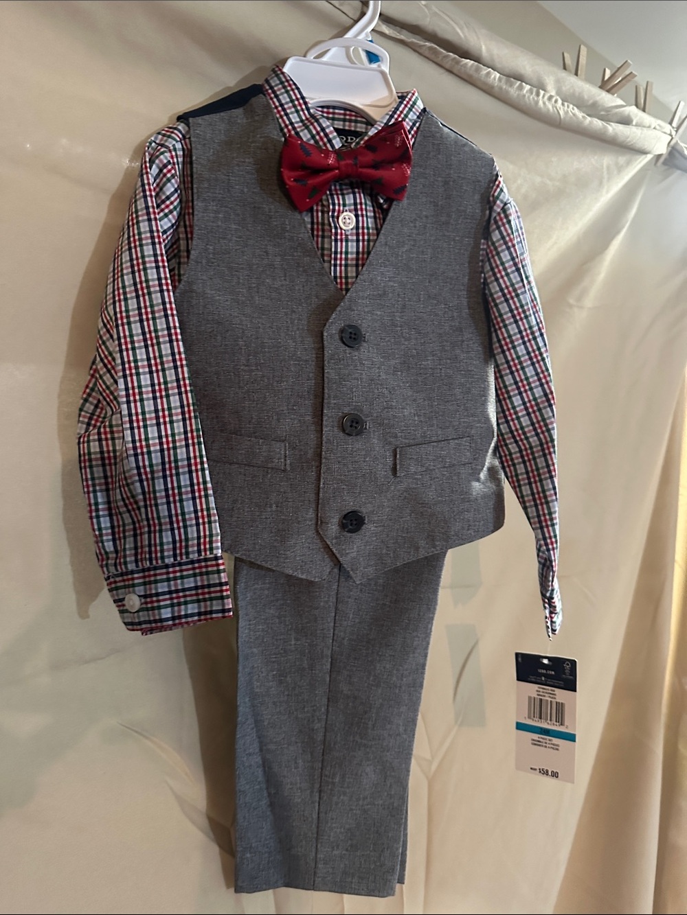 Izod Gray Vest & Pants Set with Red Plaid Shirt and Red Bow Tie